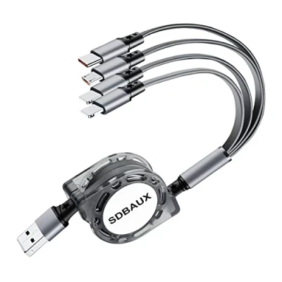 Afbeelding van SDBAUX Multi oplaadkabel 1M 3A, 4 in 1 intrekbare USB snellader snoer met 2 iP Micro Type C poort voor tablets, Samsung Galaxy S22 S20 A70, LG, Huawei, Xiaomi, Sony, PS, universele lading
