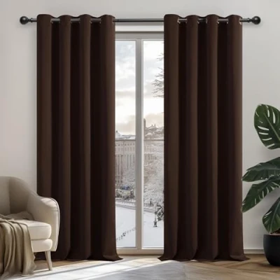 Afbeelding van Deconovo Verduisterende Gordijnen Set van 2 met Oogjes voor Woonkamer, Thermische Gordijnen, Kant en Klaar, 107x242 cm (B x H), Chocolade, Stuks