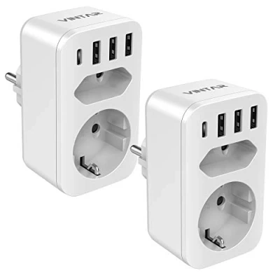Afbeelding van VINTAR 2PC USB Stopcontact, Multi plug Adapter (4000W), met 3 Stekker (2,4A) en 1 C (3A), 6 in Adapter, Voedings Kinderslot, Wit