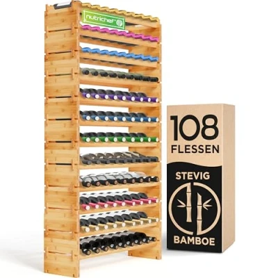 Afbeelding van NutriChef, Wijnrek,Bamboe Stapelbaar Flessenrek 12 Lagen 108 Flessen Capaciteit Vrijstaand Wijnrek voor Vloer Modulaire Opslag Display Plank Keuken en Wijnkelder 85 cm x 25 164,5
