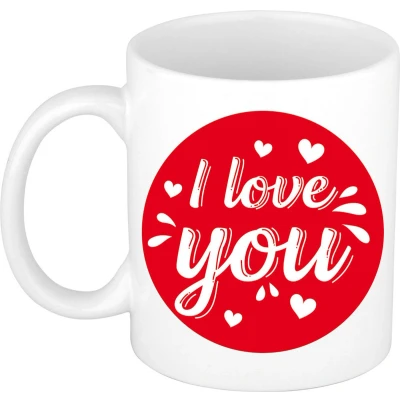 Afbeelding van I love you cadeau koffiemok / theebeker wit cirkel met hartjes 300 ml feest mokken