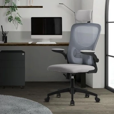 Afbeelding van Ergonomische bureaustoel grijs netweefsel met verstelbare hoofdsteun en wielen ML design
