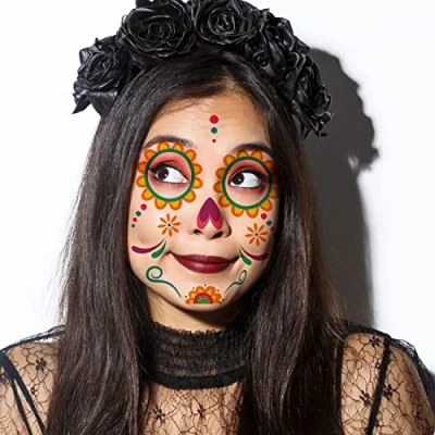 Afbeelding van Papierdrachen 6 full face tatoeages om op te plakken uit Duitsland gezichtstoeages voor Día de Muertos motief cadeau idee Dag van Doden Decoratie gezichten veganistisch set 20