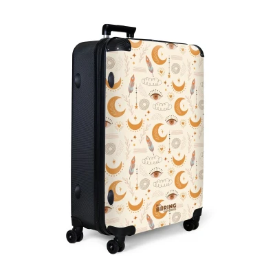 Afbeelding van NoBoringSuitcases.com® Koffer groot Reiskoffer lichtgewicht Beige met bohemian maanpatroon Rolkoffer 4 wielen Grote trolley XL 98 liter bagage