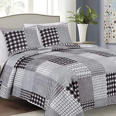 Afbeelding van Euromat Sprei, doorgestikt, bedsprei, gewatteerde sprei met 2 kussenslopen 40 x cm zwart, grijs, wit 017 220 240 cm)