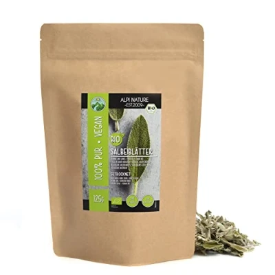 Afbeelding van biologische saliebladeren volledig (125 g), salie heel, van gecontroleerde teelt, voorzichtig gedroogd, 100% zuiver en natuurlijk,