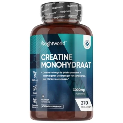 Afbeelding van WeightWorld creatine Monohydraat 3000 mg 270 vegan monohydrate tabletten voor 3 maanden