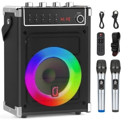 Afbeelding van JYX karaoke machine met 2 draadloze microfoons, draagbare Bluetooth luidspreker bas/treble aanpassing, afstandsbediening, led verlichting, ondersteunt TF/USB/AUX/FM/REC, voor kinderen/volwassenen