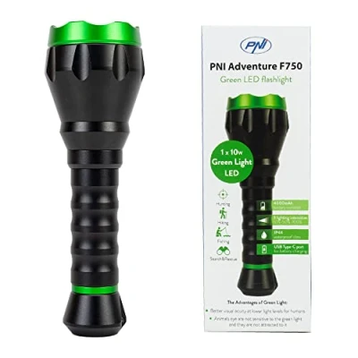 Afbeelding van PNI Adventure F750 Green Light aluminium zaklamp, LED 10W, 500 lm, tot 850 m, IP44, 4000mAh batterij inbegrepen, opladen via USB Type C, perfect groen licht voor de jacht