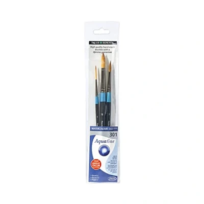 Afbeelding van Daler Rowney Aquafine aquarelborstel, zacht synthetisch en marterhaar, korte steel, rond stijver, portemonnee, set 301, 3 verschillende borstels