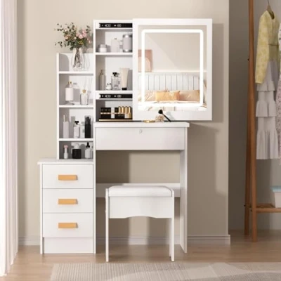 Afbeelding van cadciehe kaptafel met schuifspiegel en verlichting, voor slaapkamer, make uptafel, uptafel laden planken, verborgen opbergruimte, wit