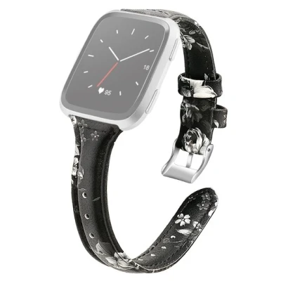 Afbeelding van Fitbit Versa 1 / 2 &amp; Lite bandje TPU leer Bloemenprint zwart grijs