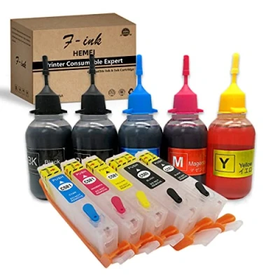 Afbeelding van F INK Oplaadbare inktcartridge en 5 x 50 ml flessen inkt compatibel met Canon PGI 580XXL CLI 581XXL of inktpatronen, kleuren PGBK BK C M Y