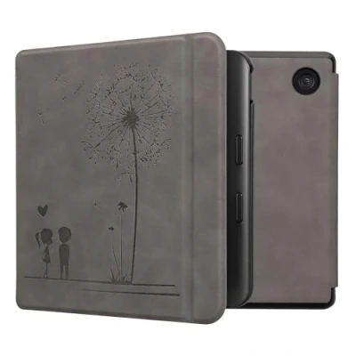 Afbeelding van kwmobile e reader hoesje geschikt voor Kobo Libra Colour hoes Ereader flip case met standaard Kunstleren cover Paardenbloemen Liefde design in grijs