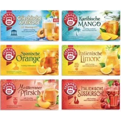 Afbeelding van Theepot landenthee mix, Griekse abrikoos, Spaanse sinaasappel, Italiaanse limone, Caribische mango, Mediterrane perzik, zoete kers, 6 verpakkingen, 270 g