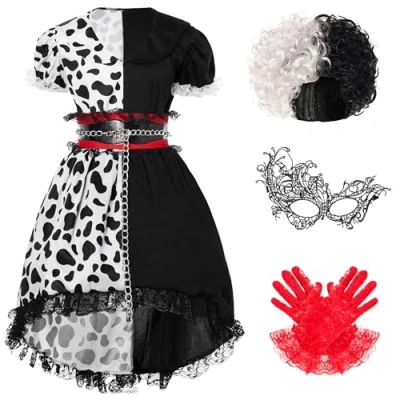 Afbeelding van Spooktacular Creations Dalmatiërskostuum voor meisjes, polkadots, verkleedset Halloween, verkleedpartijen, L