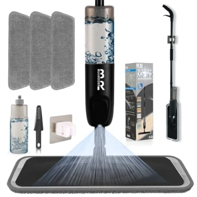 Afbeelding van Microvezelsproeier voor vloerreiniging, droog en nat, keuken, parket, laminaat, keramische tegels, 360 graden, met 3 reserveborstelkoppen, 1 schraper, houder