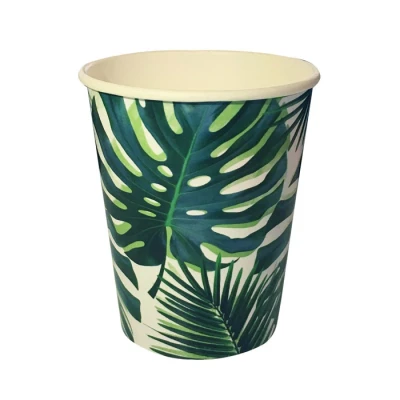 Afbeelding van Talking Tables Set van 8 Groenboekbekers (250 ml / 9oz) met tropische palmbladeren, Home Recyclebaar, Benodigdheden voor verjaardagsfeestje, Hawaiiaans thema, 7.5 x 16.5 cm