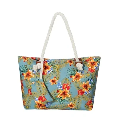 Afbeelding van Blauw/grijs bloemen grote strandtas Schoudertas met ritssluiting Shopper oranje