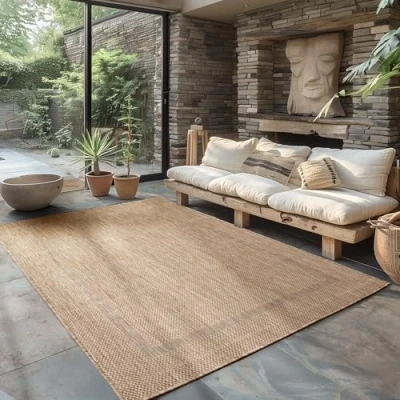 Afbeelding van Buitentapijt Effen Weerbestendig Terras Balkon Tuin Keukentapijt Platgeweven Sisal look, Kleur: Beige, Maat: 120 x 170 cm