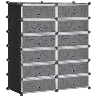 Afbeelding van HOMCOM Modulaire schoenenkast, schoenenrek, opbergkast met 12 rechthoekige kubussen, stapelbaar, kunststof, capaciteit 24 paar schoenen afm. 94 x 37 108 h cm, zwart en wit