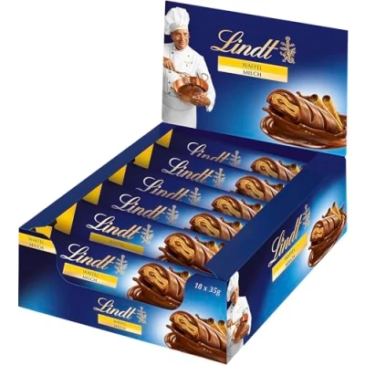 Afbeelding van Lindt Chocolade volle wafelreep, 18 x 35 g in toonbankdisplay, knapperige wafelblaadjes fijne, grote verpakking, chocoladecadeau, chocoladerepen
