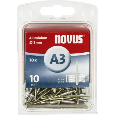 Afbeelding van Novus Aluminium klinknagels 10 mm, 70 klinknagels, Ø 3 5,0 7,5 mm klemlengte, voor non ijzer metaal, stoffen en leer