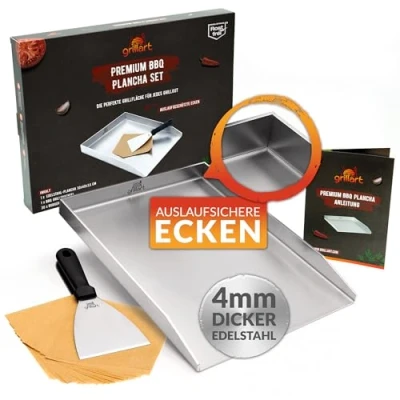 Afbeelding van grillart® Premium Plancha grillplaat met grillspatel van massief 4 mm roestvrij staal, 30 x 40 cm, universele maat, ook geschikt voor inductie, vaatwasmachinebestendig en (30