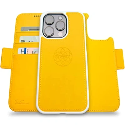 Afbeelding van Dreem Fibonacci compatibel met iPhone 14 Pro portemonnee case / 2 in 1 schokbestendig hoesje en afneembare veganistisch lederen folio, MagSafe compatibel, RFID bescherming [Geel]