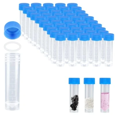 Afbeelding van 50 stuks monsterbuisjes, reageerbuis met schroefsluiting, kunststof gemarkeerde buisjes, kleine flesjes containers, reactievaten voor gebruik in laboratoria, 5 ml