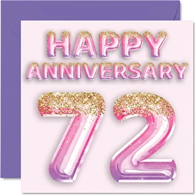 Afbeelding van Mooie 72e verjaardag kaart voor vrouw vriendin man vriend roze paarse glitter ballon gelukkige 72 kaarten van familie, 145mm x wenskaarten zeventig seconden jubilea
