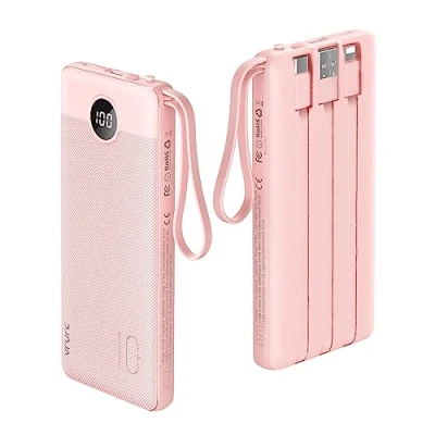 Afbeelding van VRURC 10000mah Powerbank met 5 geïntegreerde kabel Draagbare Oplader USB C Power Bank Micro externe accu LED display Compatibel iPhone Samsung Huawei smartphone en meer roze