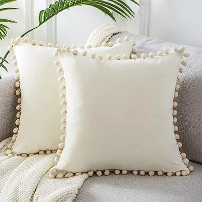 Afbeelding van Topfinel Boho kussensloop 40 x cm, set van 2 kussenslopen voor sierkussens, bankkussens, met pompons, room