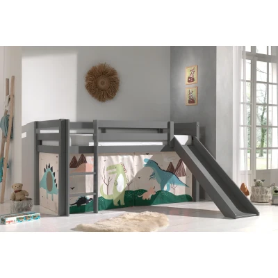 Afbeelding van LUCEVI Pino Halfhoogslaper H115CM + Ladder Glijbaan Dino Gordijntjes Grijs 90x200 cm