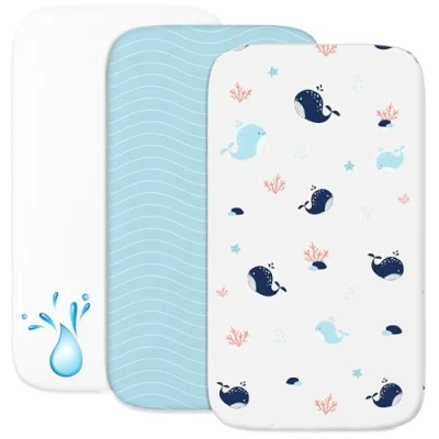 Afbeelding van Sweety Fox Cododo hoeslaken (set van 2) 1 waterdichte matrasbeschermer met elastiek 3 in maat 55x90 cm compatibel wiegjes, Bebe matrasbed voor meisjes en jongens oceaanpatroon