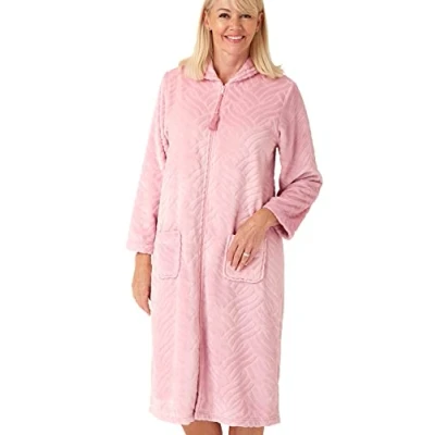 Afbeelding van Marlon Dames Serena Zip Front Reliëf Fleece Dressing Gown, Dusky Roze, 42 44