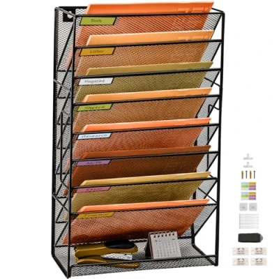 Afbeelding van PLSOPPKG 9 Tier Wandgemonteerde File Organizer, Hangende Muur Bestand Houder, A4 Wall Pocket Metalen Mesh Magazine Rack, Mail Organizer Mount Upgrade