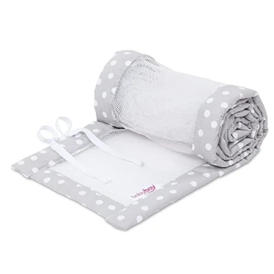 Afbeelding van babybay Nestje Mesh Piqué/bedomranding voor bijzetbed/stootbescherming babybed, geschikt model Maxi, Boxspring, Comfort en Plus, parelgrijze stippen wit