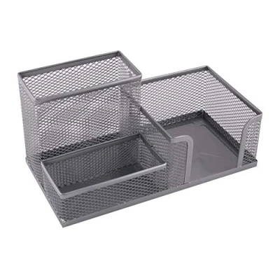 Afbeelding van Leviatan Bureauorganizer pennenhouder pennenkoker tafel organizer van metaal kantoorplank met notitiehouder mesh 205 x 103 98 mm zilverkleurig