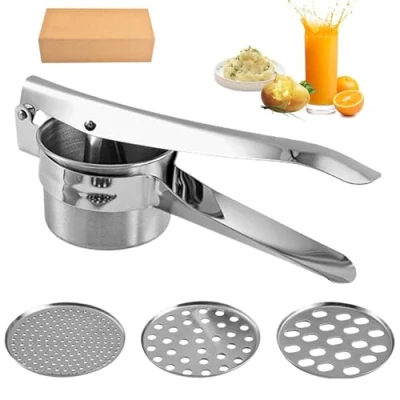 Afbeelding van Aardappel Ricer, aardappelpuree van roestvrij staal met 3 verwisselbare schijven, heavy duty voedselpers, multifunctionele rijstmachine voor aardappelpuree, puree, fruit en groenten (zilver)