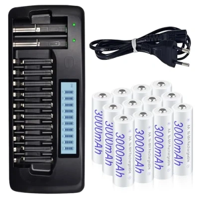 Afbeelding van Palogreen AA oplaadbare batterijen met lader, 12 pak 1.2V 3000mAh NiMH met12 Bay LCD lader voor AAA ontlaadfunctie