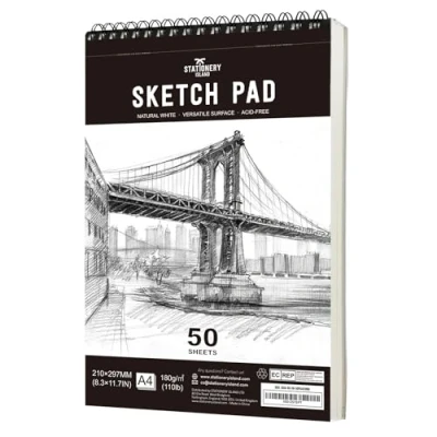 Afbeelding van STATIONERY ISLAND Schetsblok, A4 schetsboek, 180 g/m² dik papier, 100 pagina&#039;s/50 vellen, spiraalgebonden 1 stuk