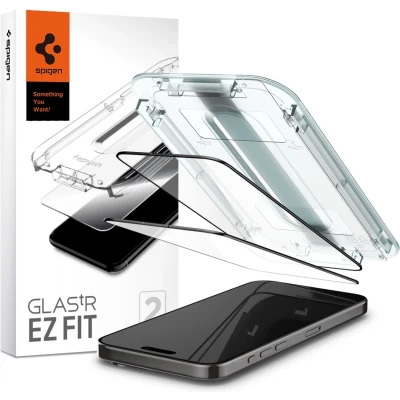 Afbeelding van Spigen Glass Apple iPhone 15 Pro Max Met Montage Frame EZ FIT (black) 2 Pack AGL06873