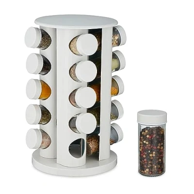 Afbeelding van Relaxdays kruidencarrousel met houtlook, roterend kruidenrek,360, 20 potjes strooidop, HxØ: 33,5 x 19 cm, rvs, wit