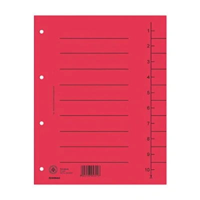 Afbeelding van DONAU 8610001 04 100 stuks tabbladen, kleur: rood/kartonnen overbreed, van gerecycled karton 250 g/m², met lijnopdruk voor DIN A4, 4 voudige perforatie, scheidingsbladen,