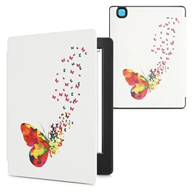 Afbeelding van kwmobile E reader hoesje geschikt voor Kobo Aura H2O Edition 2 hoes flip case met magnetische sluiting Ereader cover Zwerm Vlinders design in meerkleurig / roze wit