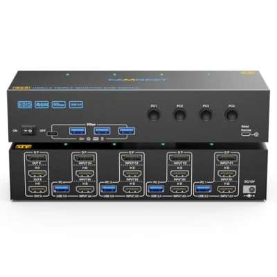 Afbeelding van USB 3.0 KVM Switch 3 Monitor 4 PC 4K @60Hz, 2 HDMI + Displayport Monitoren Voor Share en Port Toetsenbord Muisprinter,12V voeding, kabelbediening, kabels