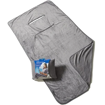 Afbeelding van Travelrest 4 in 1 reisdeken kussendeken voor vliegtuigen, compacte reisdeken, ingebouwde draagtas, ultrapluche en zacht lange reizen, draagbare deken, zak met ritssluiting grijs