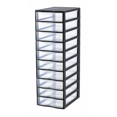 Afbeelding van SUNDIS Orgamix, kunststof ladekast, 10 transparante laden, A4 papierformaat, hoogte 81,5 cm, stapelbaar, ideaal voor kantooropslag, cursussen, documenten, benodigdheden