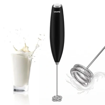 Afbeelding van VINATO Elektrische melkopschuimer voor snel opschuimen, werkt op batterijen, koffie, latte, cappuccino, warme en koude chocolade, zwart